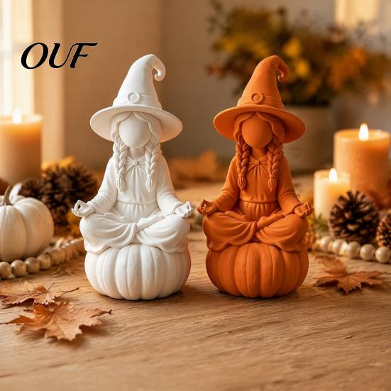Unfinished Craft Ornaments 3D Printed Meditating Witch Figurine on Pumpkin Base, Minimalist Small Desktop Figurines Halloween Autumn Statue,