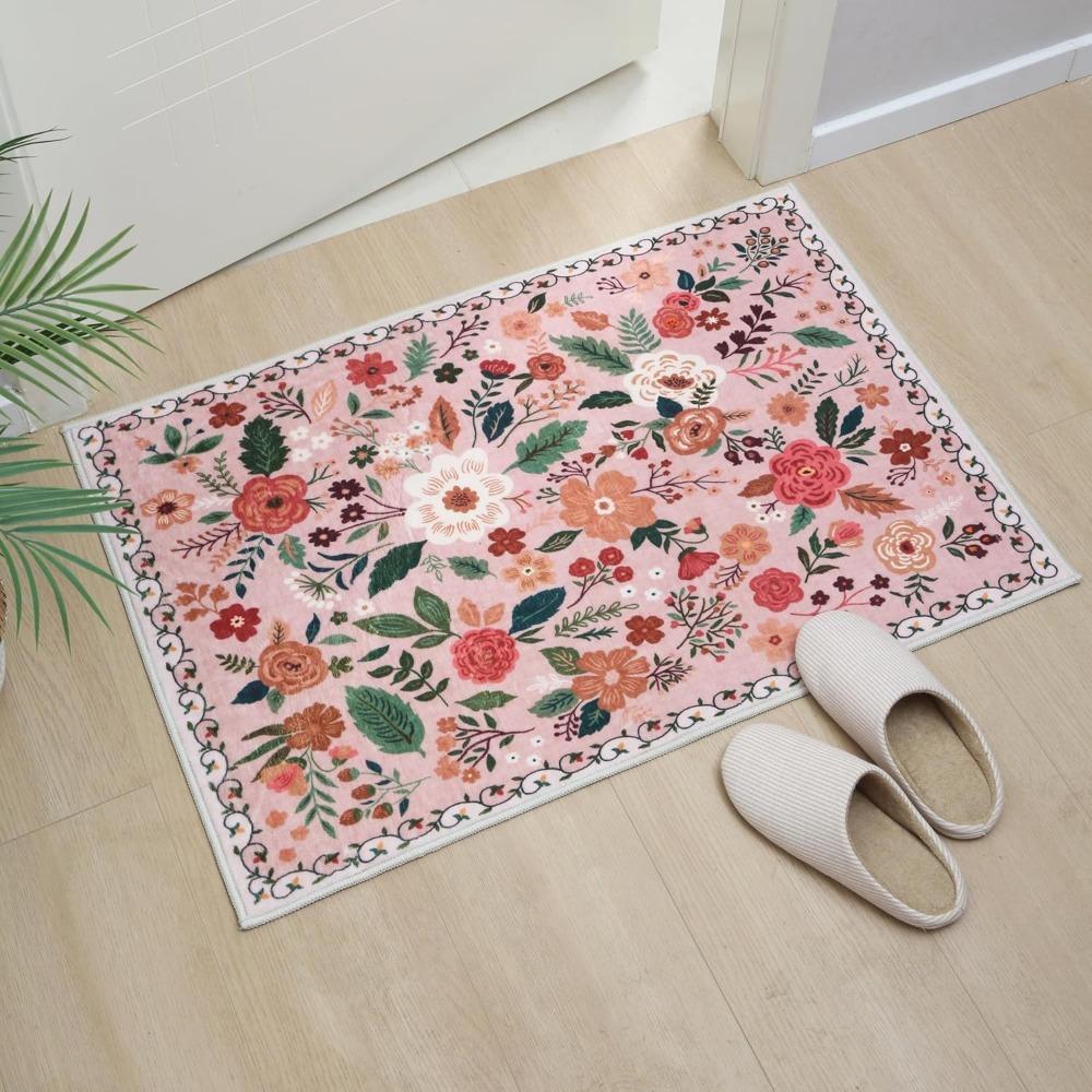 2x3 ft indoor doormat, machine washable, bohemian floral rug, non-slip low-pile rug.