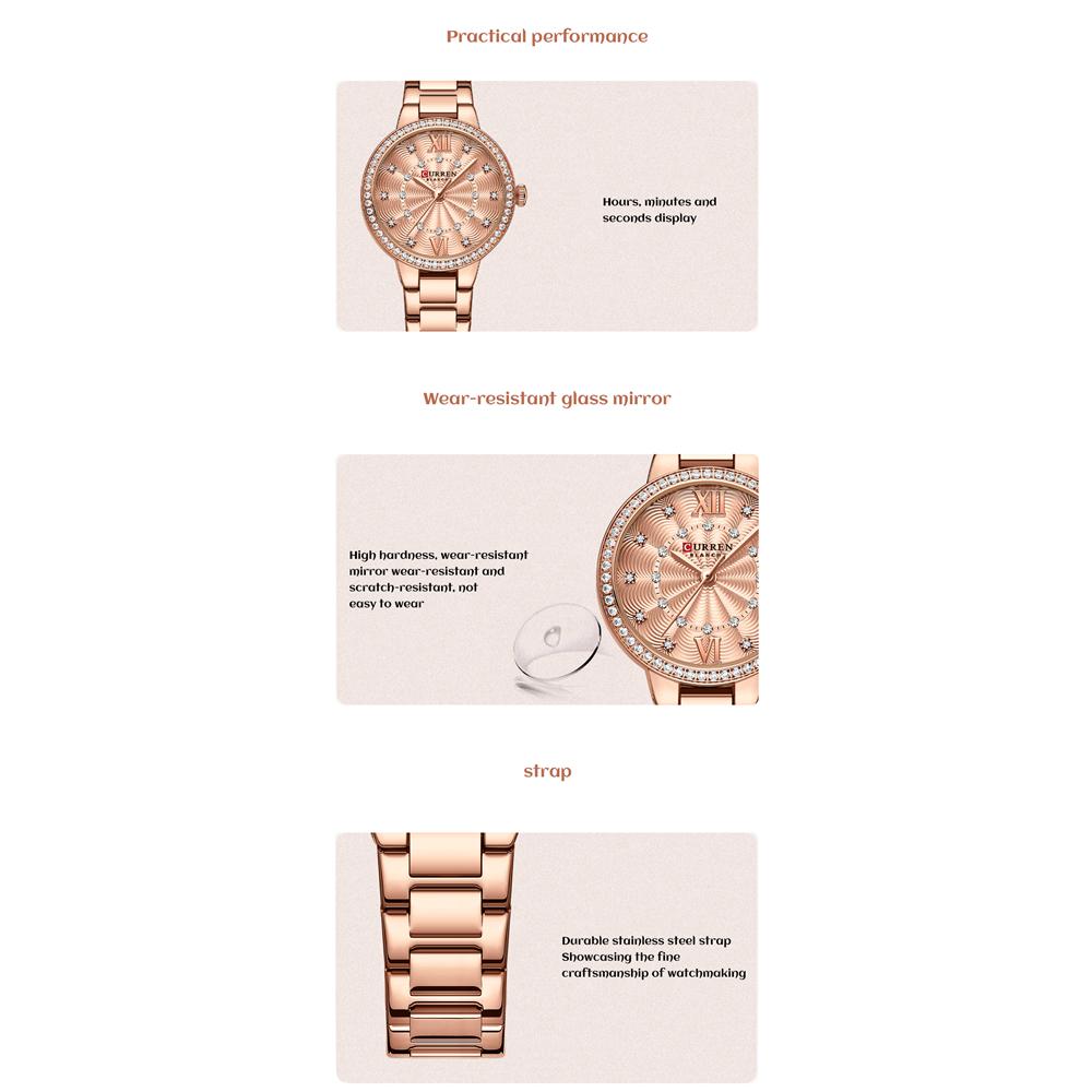 CURREN Кварцевые наручные часы для женщин, роскошные модные часы со стразами и розовым циферблатом, новинка с ремешком из нержавеющей стали
