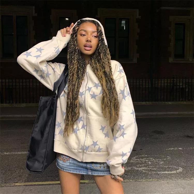 Винтажная куртка с капюшоном с принтом звезд Y2K, свободная толстовка с длинным рукавом, уличная мода, толстовка с капюшоном на молнии с принтом в стиле Харадзюку