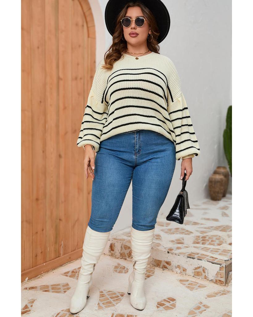 Azura Exchange Khaki Plus Size Striped Drop Shoulder Puff Sleeve Sweater