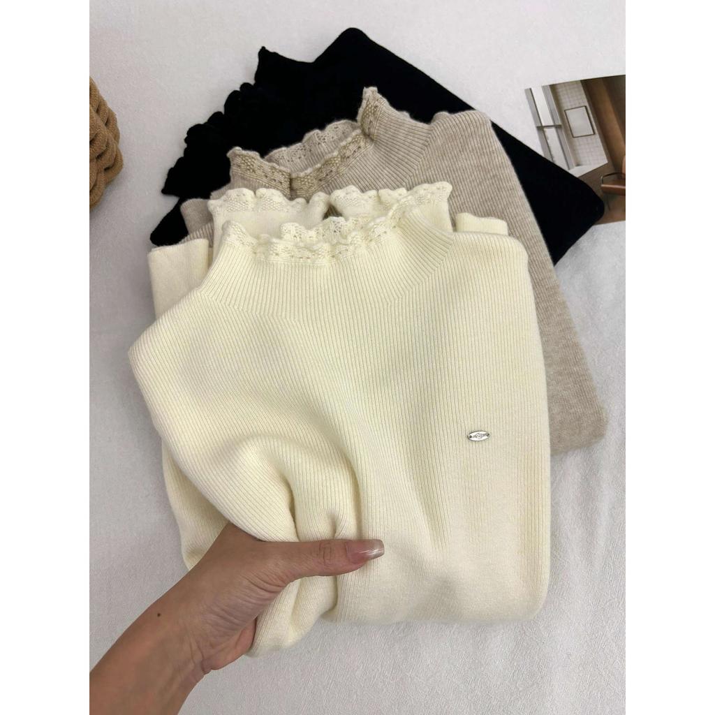 Шикарный маленький свитер с кружевом и стойкой, женский мягкий восковой внутренний базовый топ на осень и зиму, универсальный вязаный топ