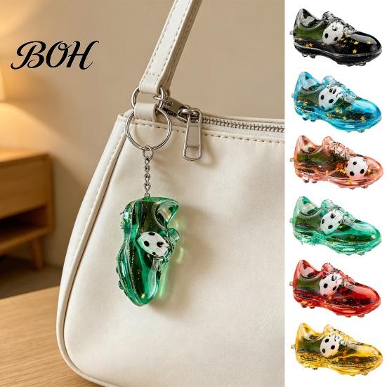 Mini Football Keyring 2Pcs Keychain Pendant, Acrylic Boot Design with Glitter Quicksand Spike Oil Flowing Stars, Transparent Material Stress