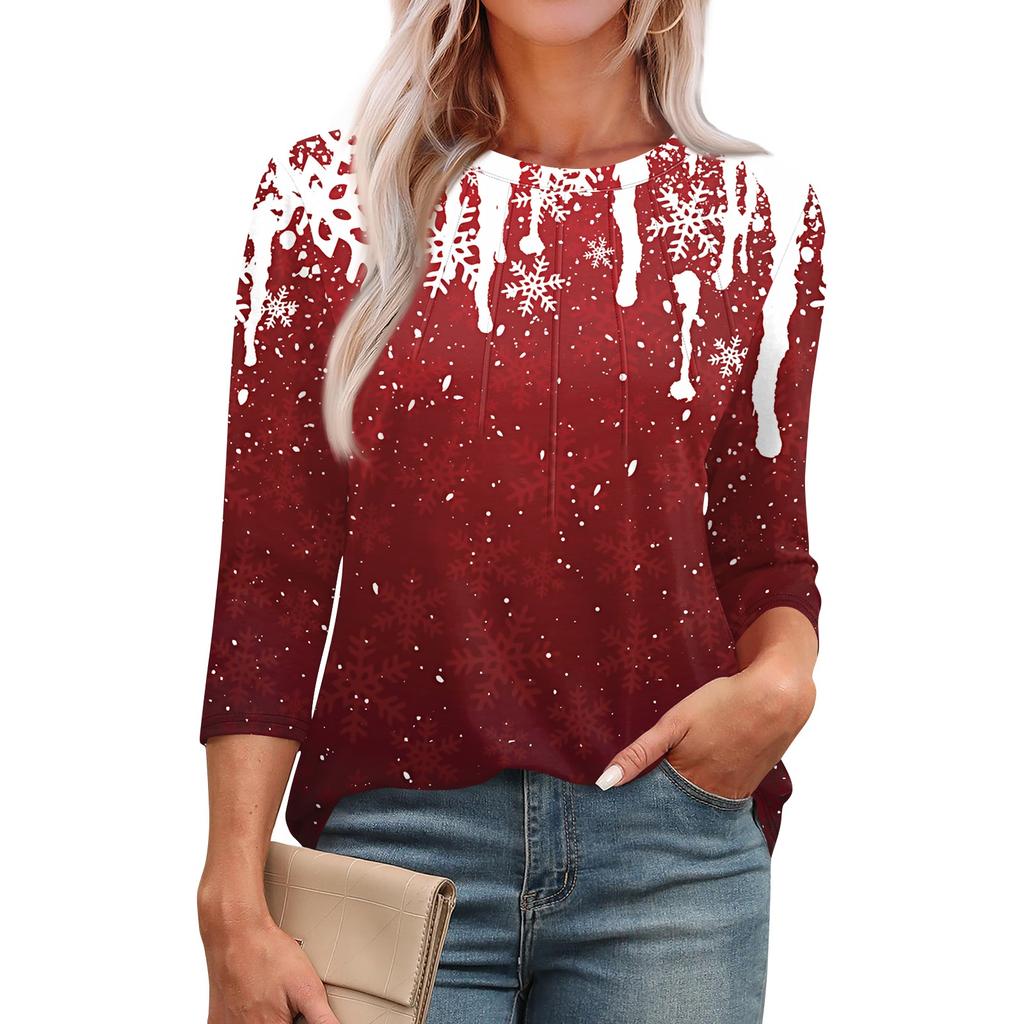 Женская модная футболка с круглым вырезом и рукавом 3/4 с принтом, повседневная, базовая, плиссированная, пуловер