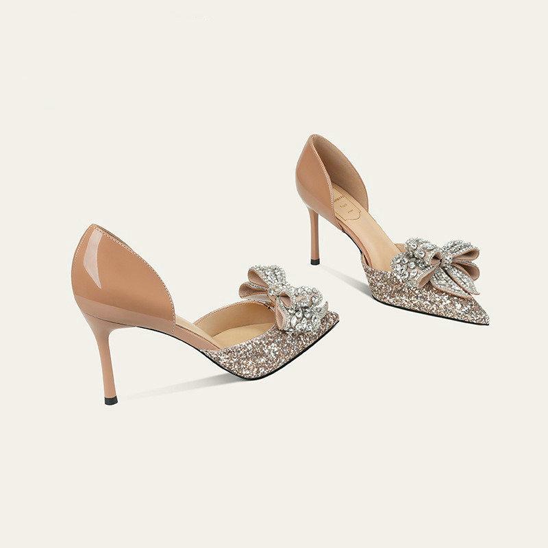 Fashion French Goat Leather Shoes Butterfly Wedding Shoes Women'S Heels Fine Heel Pointed Crystal Wedding Shoes Not Tiring Feet