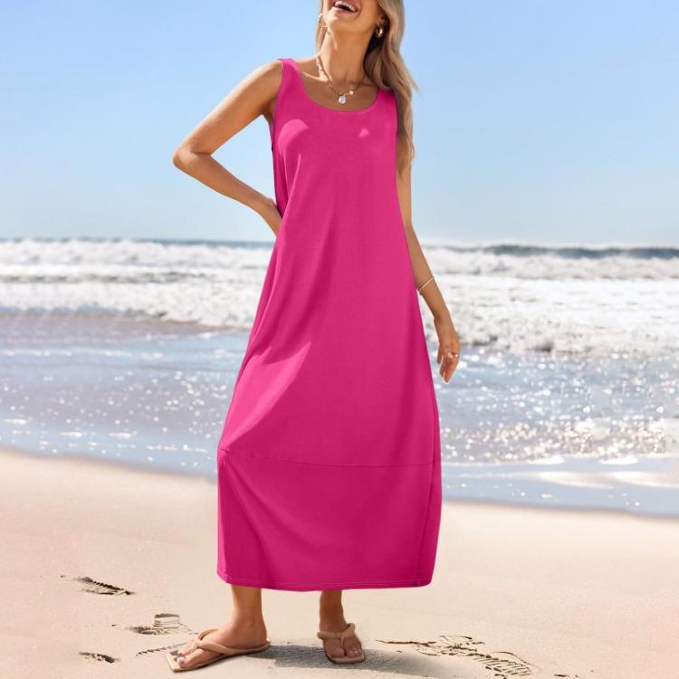 Summer Women's Casual Loose Sleeveless Round Neck Sundress Long Beach Dress