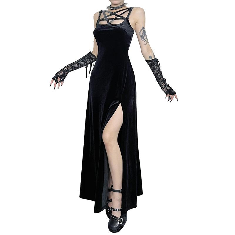 AltGoth Mall Готическое бархатное платье для женщин Fairycore Grunge Элегантное панк-платье с пентаграммой и вырезом без рукавов с бретелью через шею с разрезом Праздничная одежда