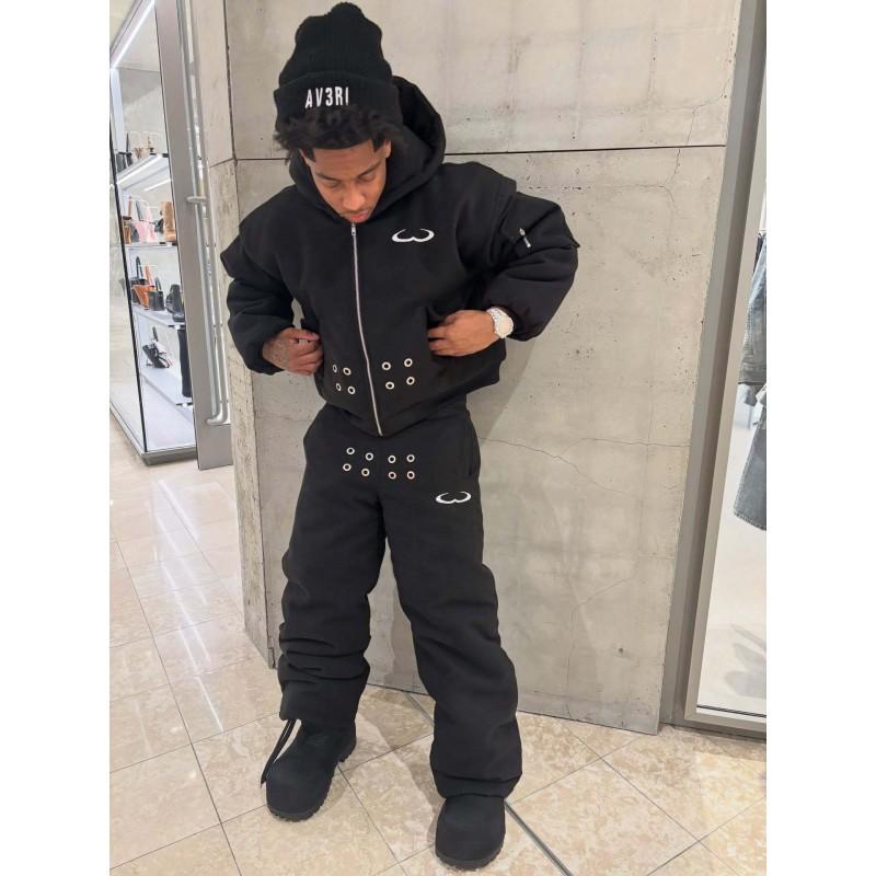 Unisex Y2K Streetwear Hoodie Pants Set With Distressed Detail Embroidered Lettering Fall Winter Casual Outfit