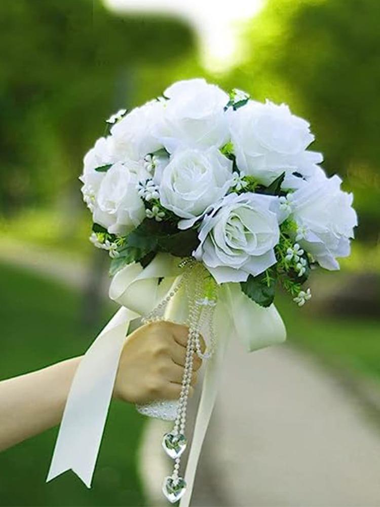 Свадебный букет 32 см с лентами из жемчужных кристаллов, искусственный цветок розы для невесты, подружки невесты, букет из искусственных цветов для свадебной вечеринки
