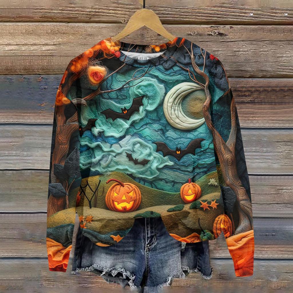 Ladies Fashion Casual Long Sleeve Halloween Printed Round Neck Hoodie Top