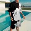 Men Summer Vacation Black White Printed Short Sleeve T-Shirt And Shorts Set Fashion Two Piece Set Men Sportwear Fitness Pullover