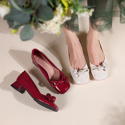 Модные туфли Мэри Джейн из кожи для женщин, осень 2024, новый дизайн, красные туфли-лодочки с французским квадратным носком, элегантные туфли на толстом каблуке