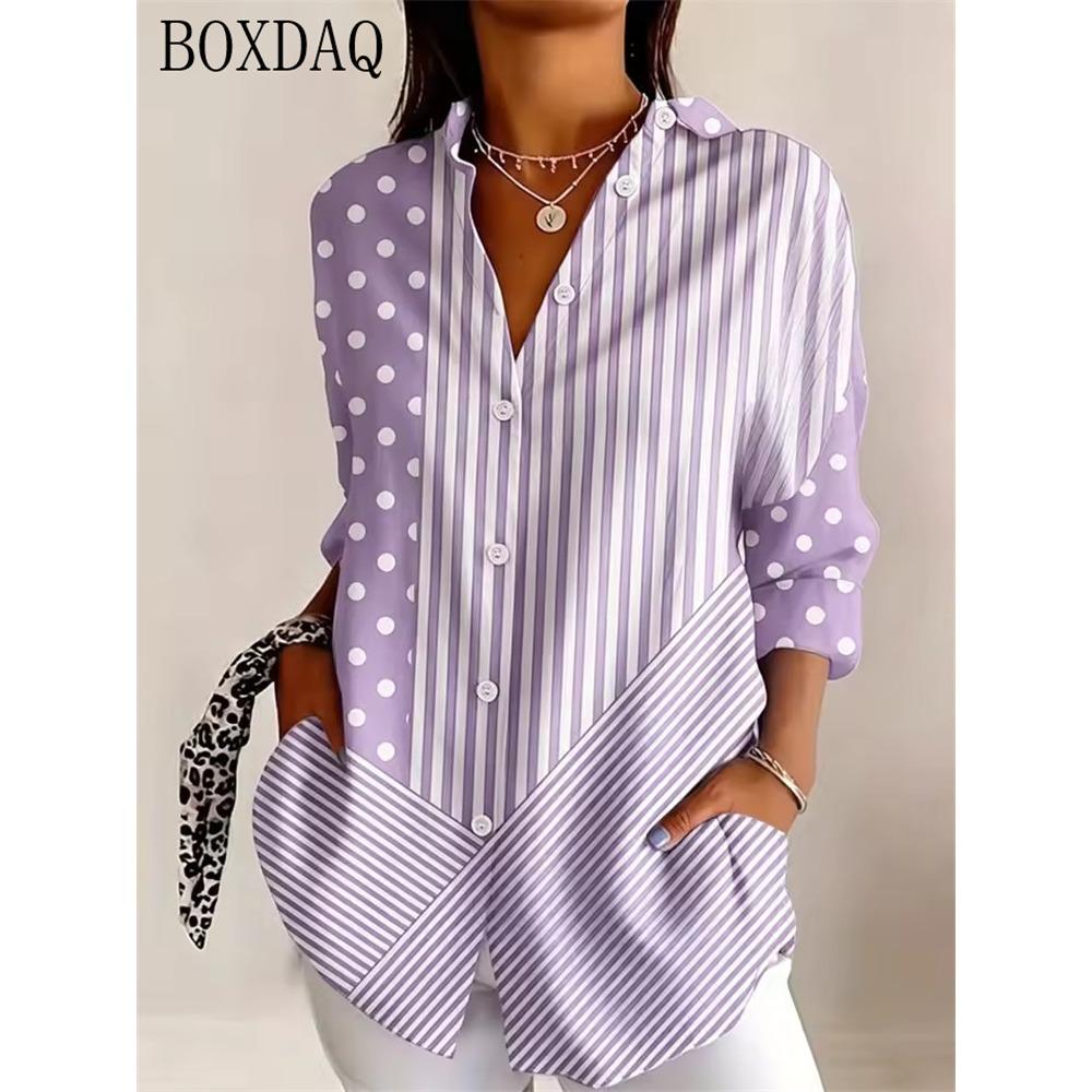 Long sleeved mixed print polka dot striped casual women's shirt elegant daily lapel button up shirt for