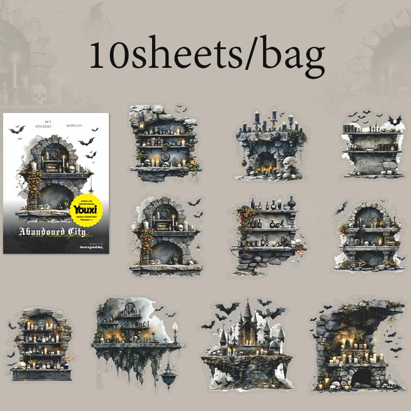 10 Sheets/Bag Gothic Abandoned City Scenery Stickers for Scrapbooking Planner Notebook DIY Phone Case Decoration Office Gift