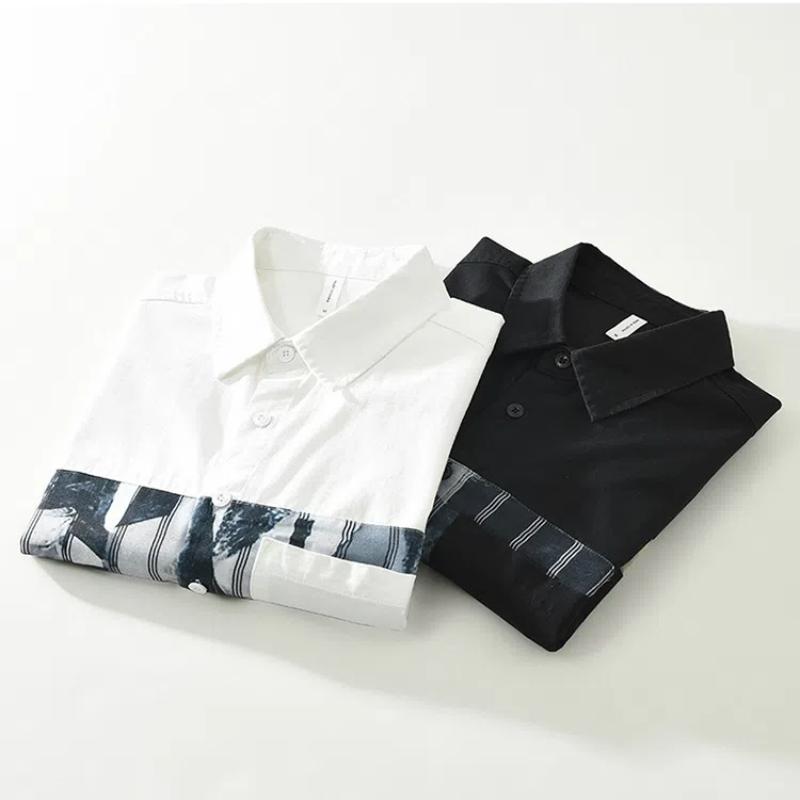 Корейская модная белая рубашка с длинным рукавом, мужская весенне-летняя мужская одежда из чистого хлопка, уличный стиль, свободный топ, лоскутная рубашка с принтом и карманом
