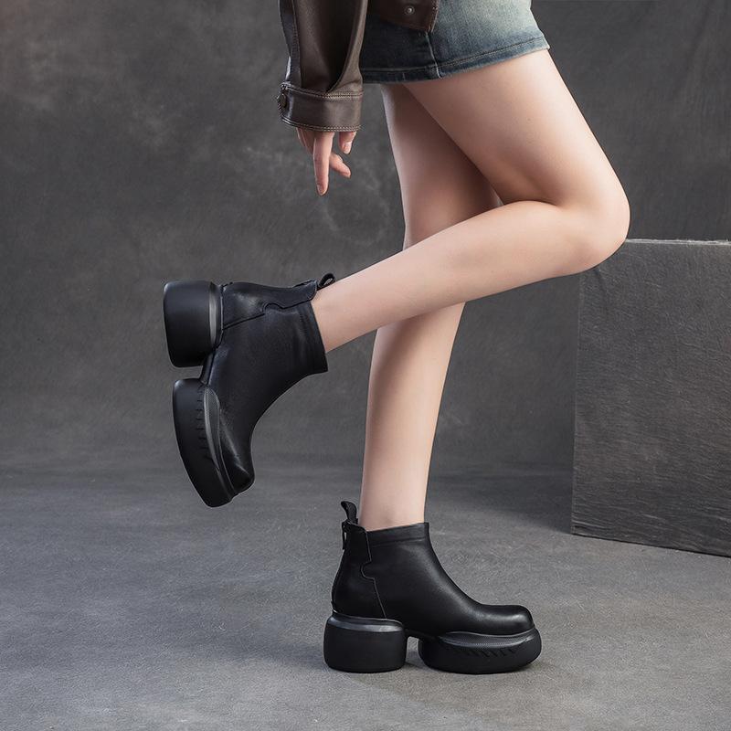 Fashion GKTINOO Genuine Leather Ankle Boots Women Shoes 2025 New Autumn Winter Round Toe Square Heel Zip Handmade Leisure Women Boots