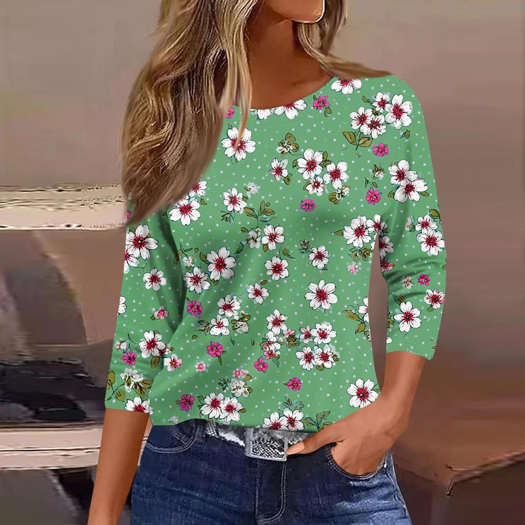 Women's Fashionable Casual Round Neck T-Shirt With Floral Print And Three-Quarter Sleeves