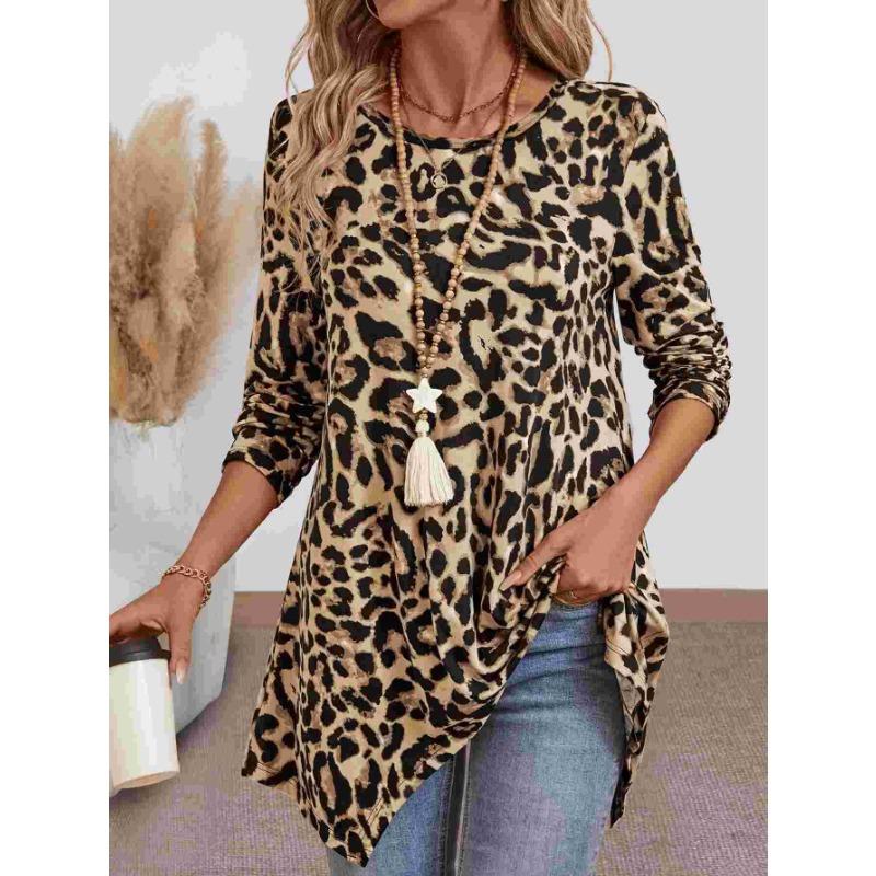 Long Sleeve Loose Fit Round Neck Leopard Print Asymmetrical Hem T Shirt