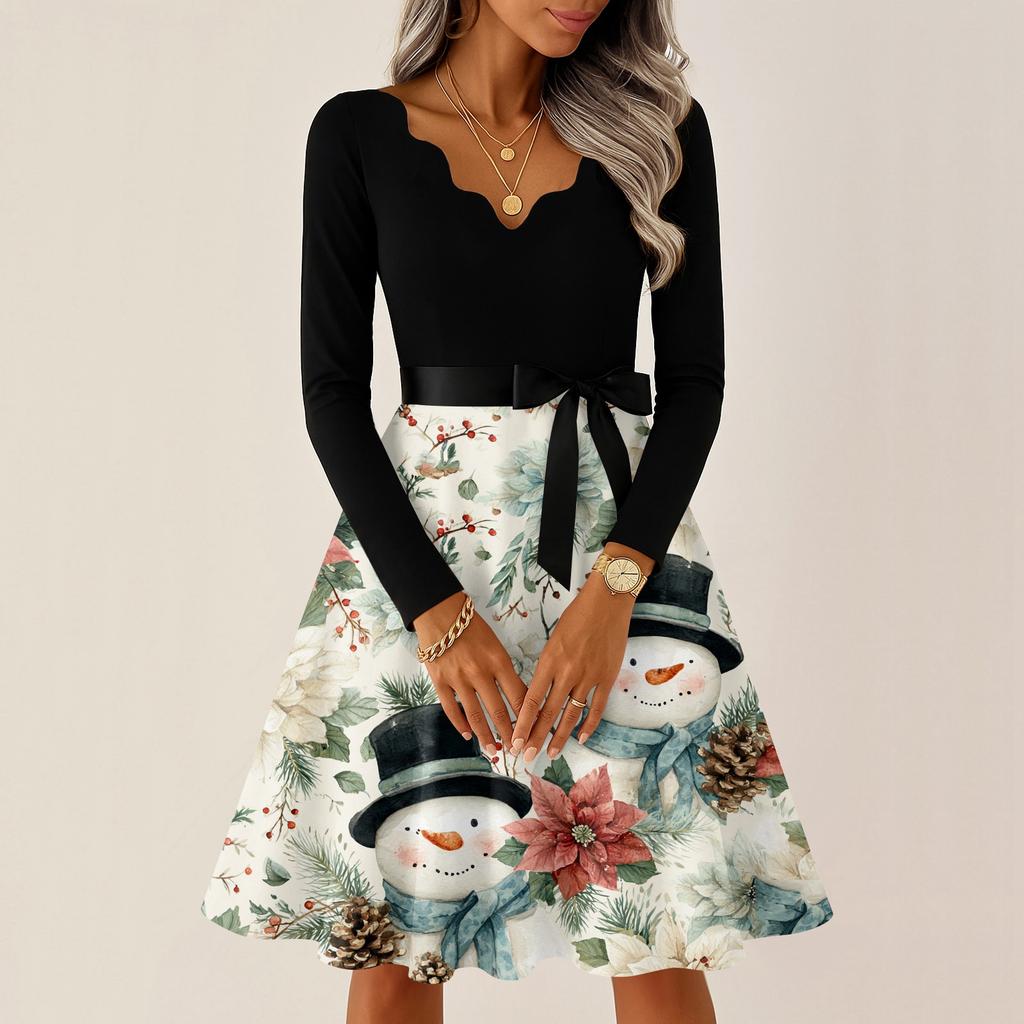 Женское повседневное модное платье с V-образным вырезом и длинными рукавами в стиле ретро с рождественским принтом