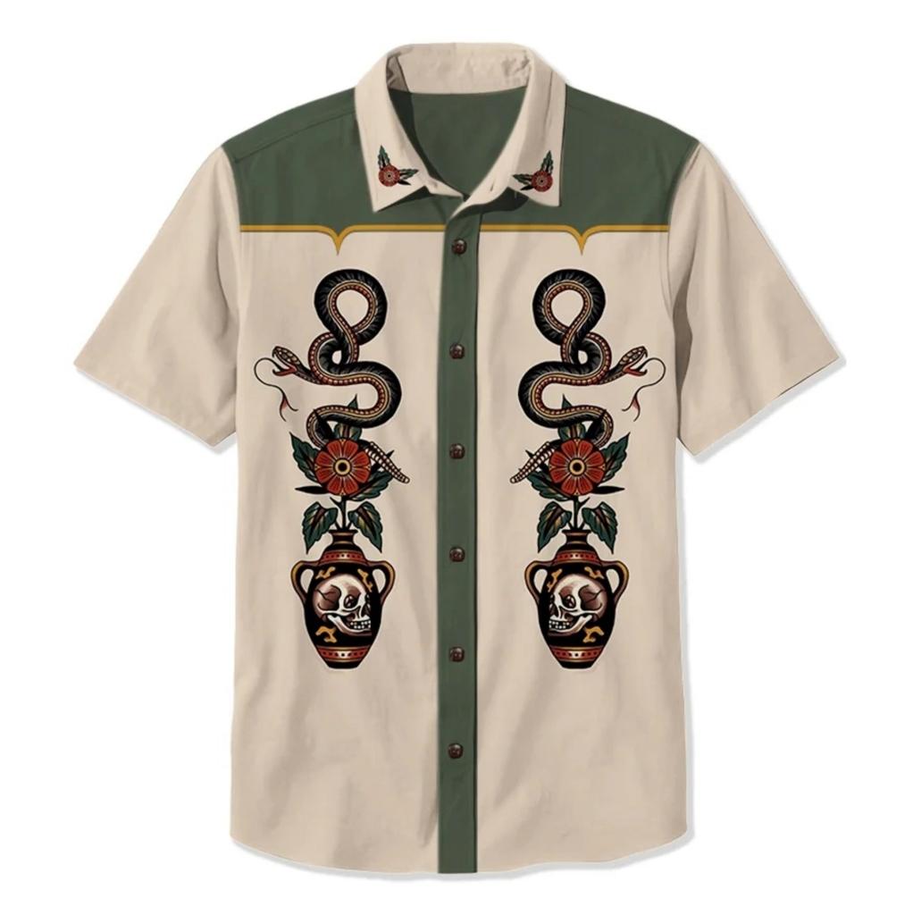 Летняя мужская рубашка в стиле вестерн с принтом в стиле отпуск, повседневная мужская рубашка с лацканами и короткими рукавами с 3D-принтом