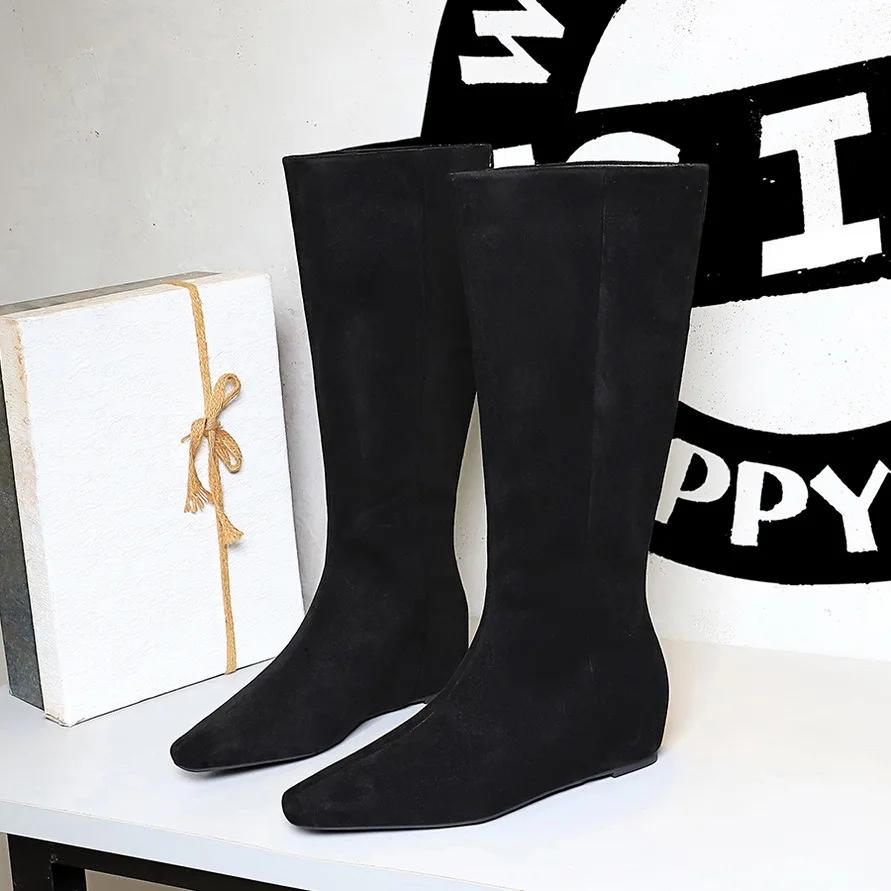 Мода 2024 Зима Новый Бренд Женские Рыцарские сапоги Модные Остроносые Слипоны Сапоги до колена Тонкий Низкий каблук Длинные сапоги Обувь