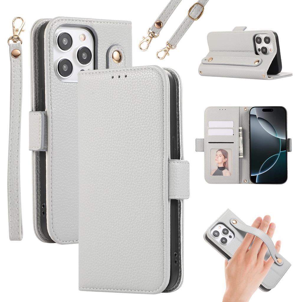 For iPhone 15 Pro Max Leather Case with Card Holder,Straps,Shockproof Wallet Phone Cover