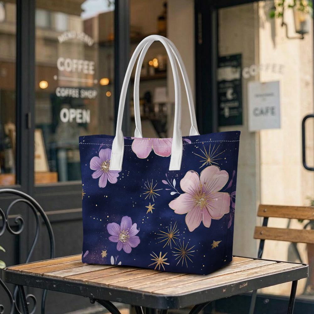 Purple Floral Print Casual Tote Bag Fashion Large Capacity Daily Commute Handbag
