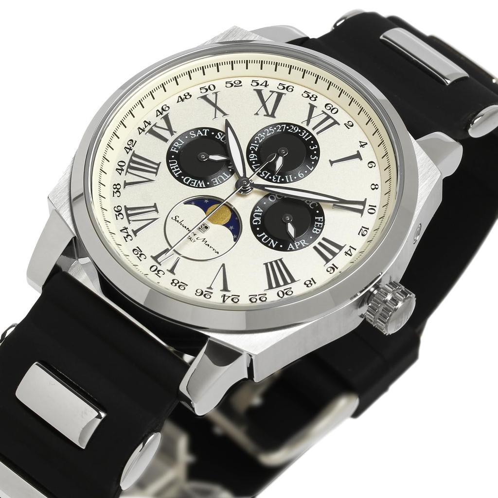 Часы Moon Phase Multi Calendar 5 ATM Водонепроницаемые Деловые Формальные Резиновый Ремень Ограниченная Модель Белый Серебристый [Salvatore Mara] Мужские SM22105R-SSWHBK