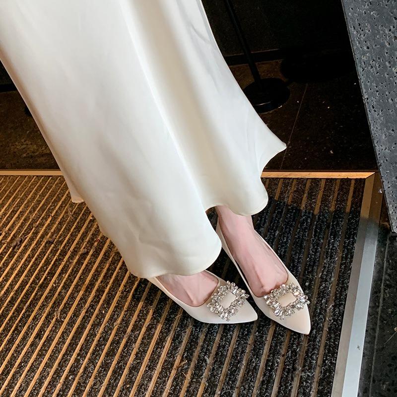  Rhinestone square buckle women's single shoes pointed head shallow mouth high heels widened and fattened large size women's shoes 