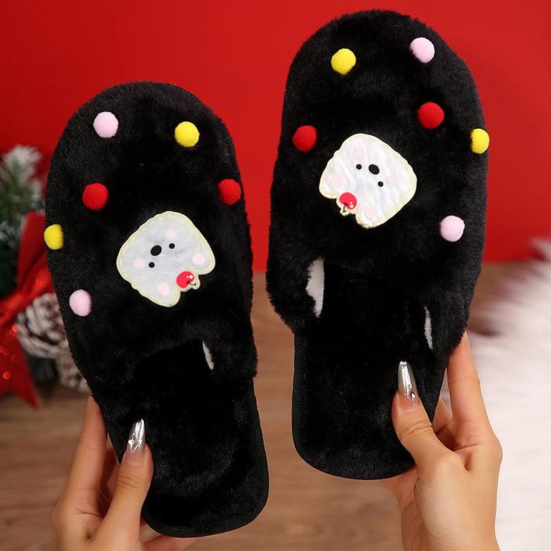 Fashion Cute Cartoon Dogs Fur Slippers Women Winter Mix Color Faux Fur Plush Slippers Woman Indoor Slip On Light Cotton Slides Mujer