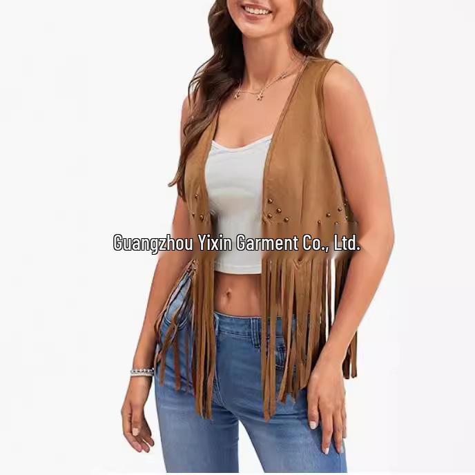 Women's 70s Bohemian Fringe Vest - Faux Suede, Sleeveless, Open Front, Western Style
