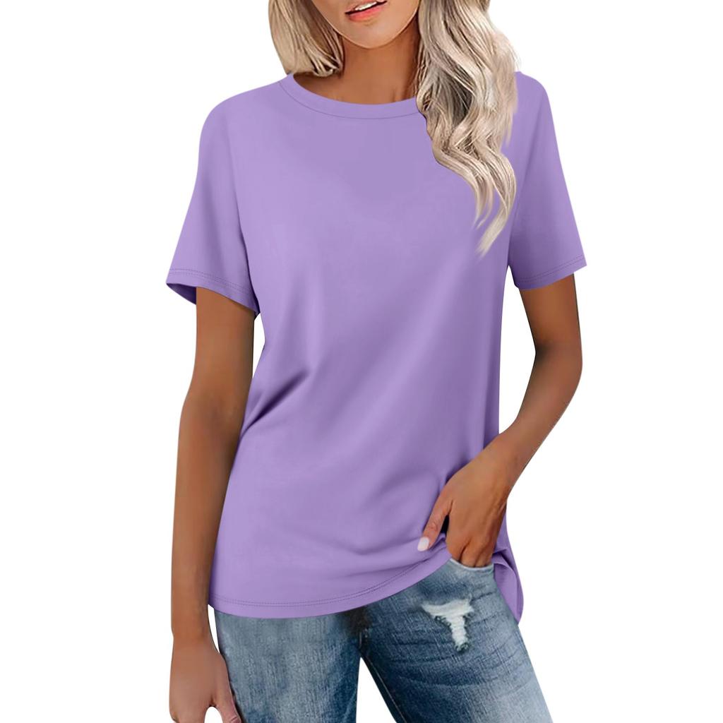 Женская модная повседневная однотонная блузка с круглым вырезом и коротким рукавом