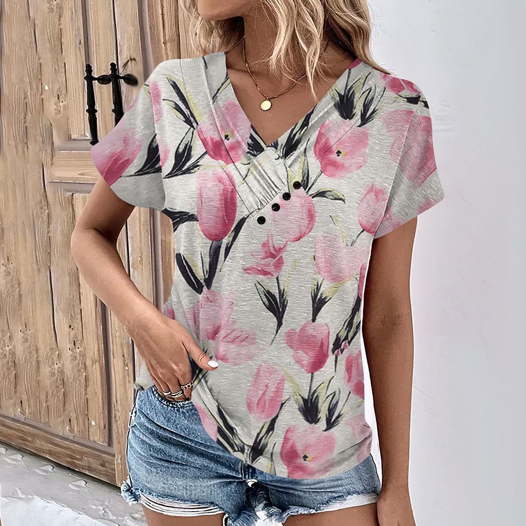 Летние женские топы с цветочным узором для женщин, удобные женские топы с v-образным вырезом и короткими рукавами, футболки большого размера