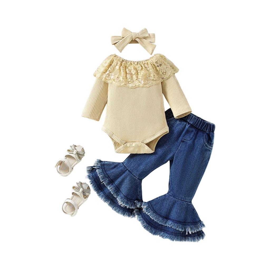 Модный детский весенний комбинезон с принтом, джинсовые расклешенные брюки, детский костюм из двух частей