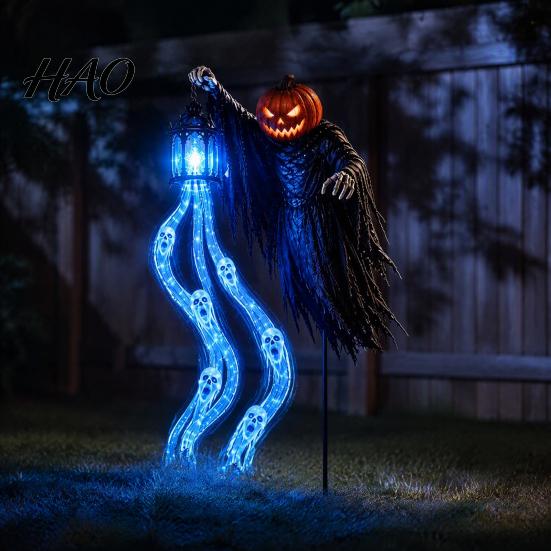 Animated Soul Reaper Yard Art Halloween Harvester Solar Garden Stake Light, Ghost Lantern with Glowing Blue Eye Lawn Ornaments Flowing LED Eyes,