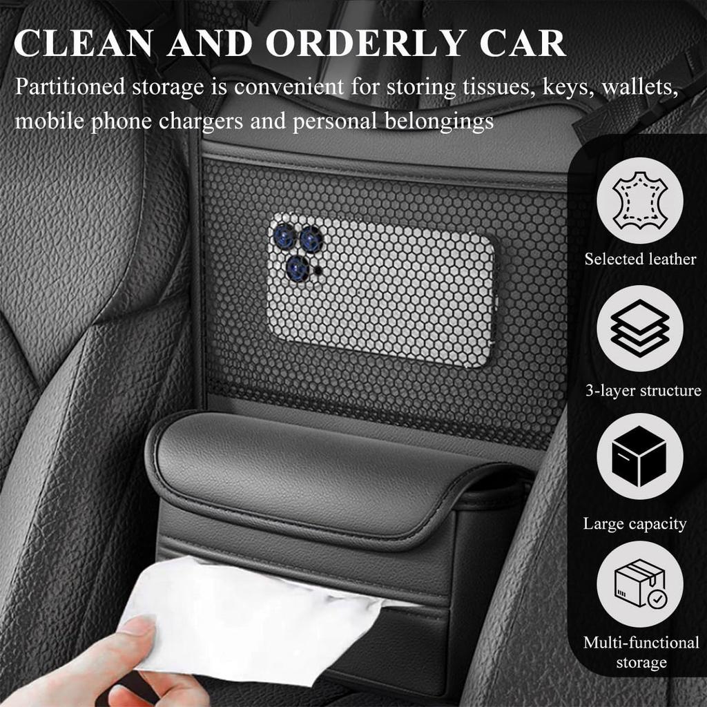 Car Organizer Storage Between Seats, Leather Large Capacity Automobile Handbag Hanging Store Content Bag, Auto Console Organizer Holder for Snack