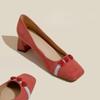 2024 Spring Red Wedding Shoes 2024 New Square Heel Suede Pumps Female Square Toe Shallow Mouth Elegant Flower Women's Loafer