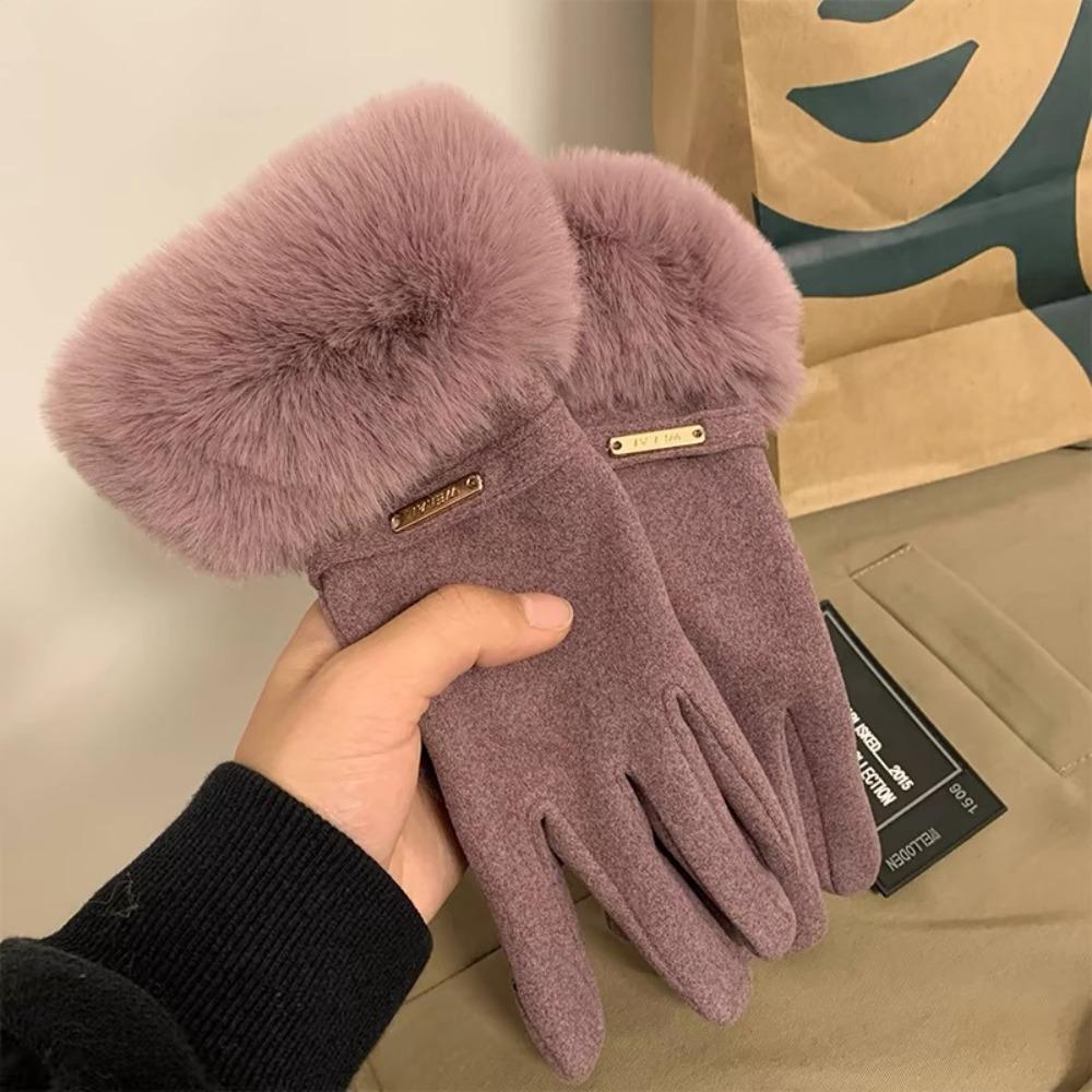 Solid Color Gloves Warm Full Finger Mittens Fashion Women Furry Gloves Female