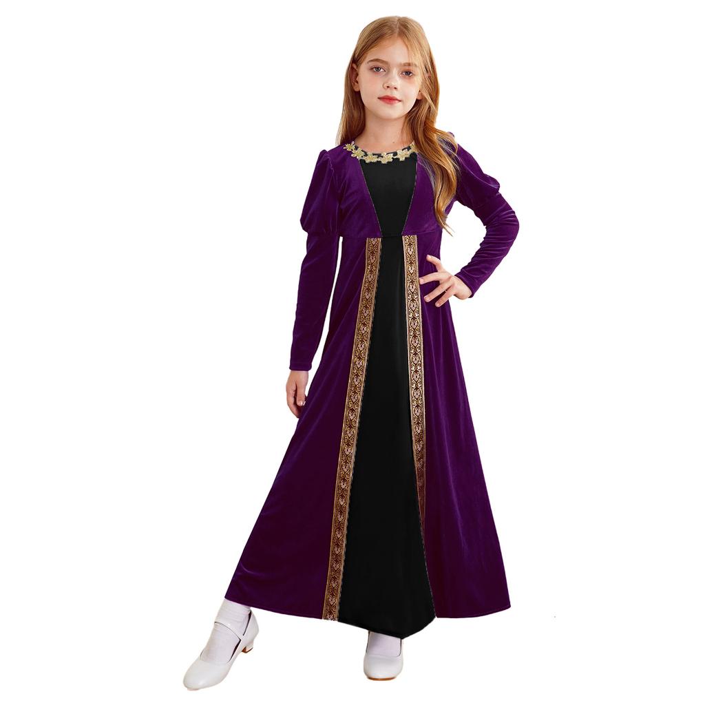 Kids Girls Medieval Costume Renaissance Princess Dress Velvet Long Sleeve Maxi Dress Cosplay Halloween Carnival Party Dress Up