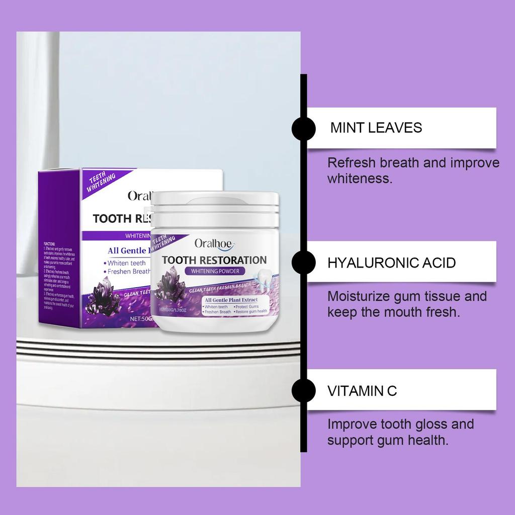 Oralhoe 50g Teeth Whitening Powder Purple Brighten Mint Scent Fresh Breath Remove Stain Oral Hygiene Clean Bleach Teeth Powder