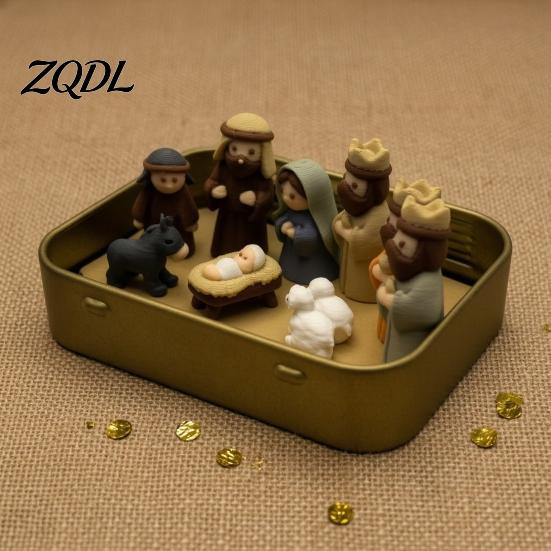 Compact Figurine Collection Mini Nativity Set in Tin Box, 3D Printed Pocket Scene Set, Small Durable Christmas Story Display Holy Family Jesus