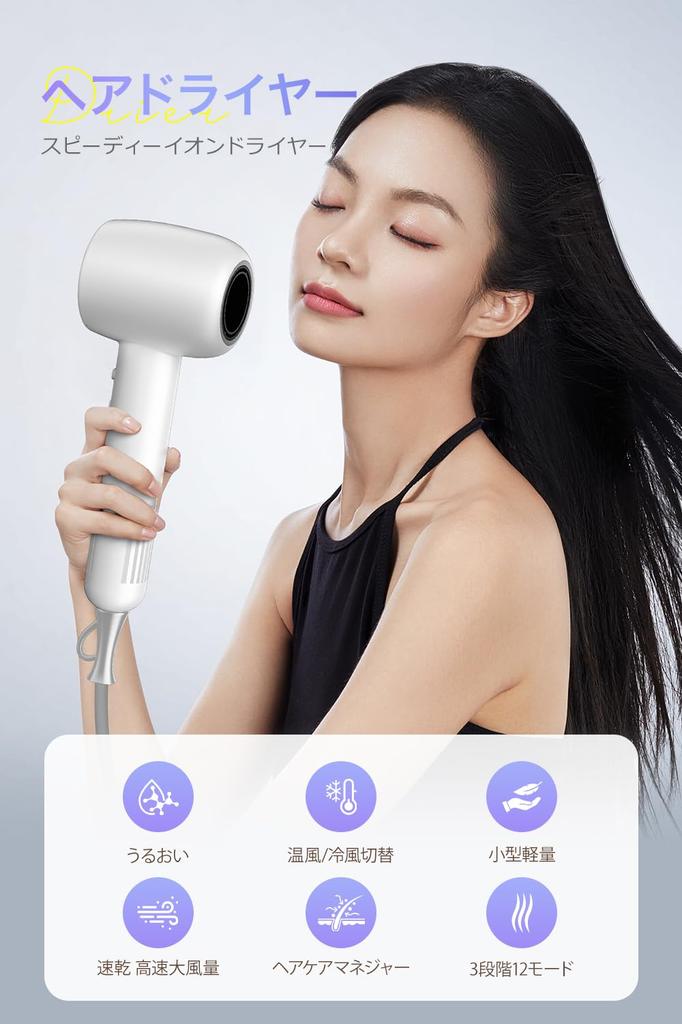 Волосы Большой воздушный поток Быстрая сушка Высокоскоростной нагреватель Высокая концентрация отрицательного Быстрая сушка волос 19 4 Температура 3 Скорость ветра 12 Режим Большой объем воздуха