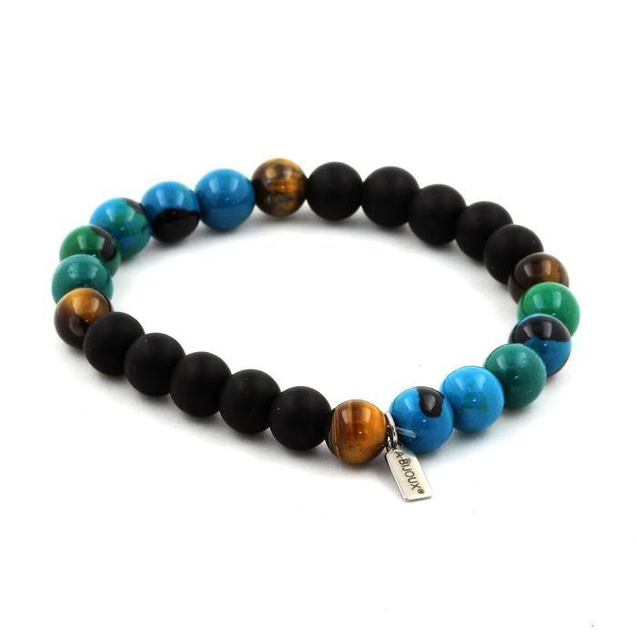 Stones and Minerals. Bracelet Chrysocolla + Tiger Eye + Matte Black Onyx Beads 8 Mm. Made In France.