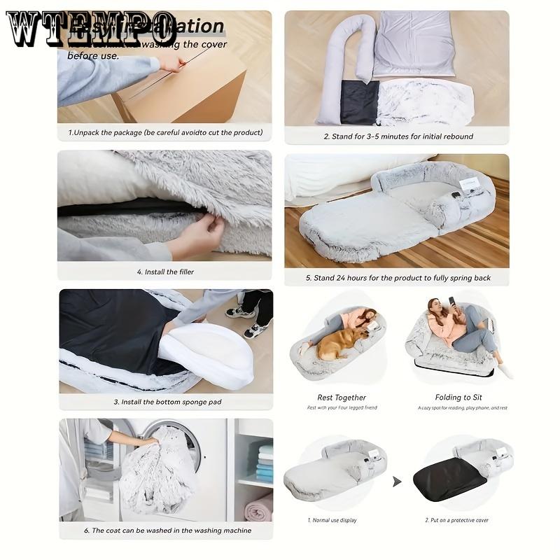 Складная плюшевая ортопедическая кровать для собак размером 180X115X25 см - моющиеся кровати для собак больших пород и людей - серый
