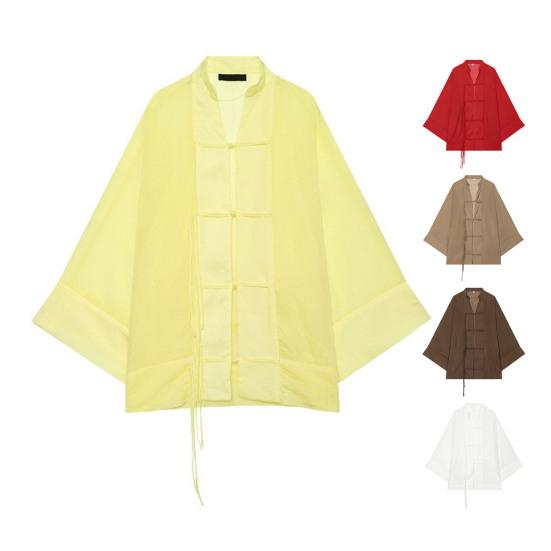Handmade Button Shirt Women Stand Collar Shirt, Chinese Frog Blouse for Early Summer Casual Outfit Fall, Loose Solid Color Long Sleeve Top Spring Wear