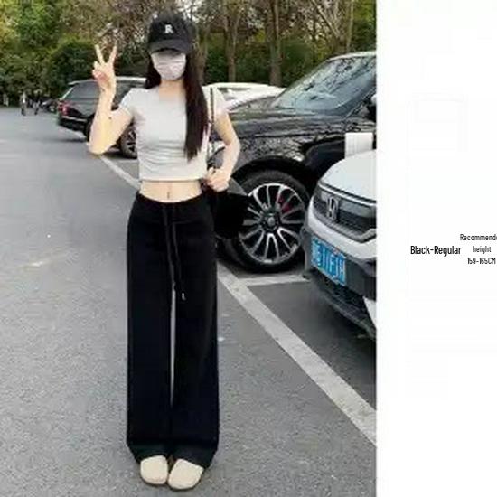 Women's 2025 Summer High Waist Dark Gray Wide-Leg Sweatpants - Lightweight, Drape, Petite, Straight-Leg.