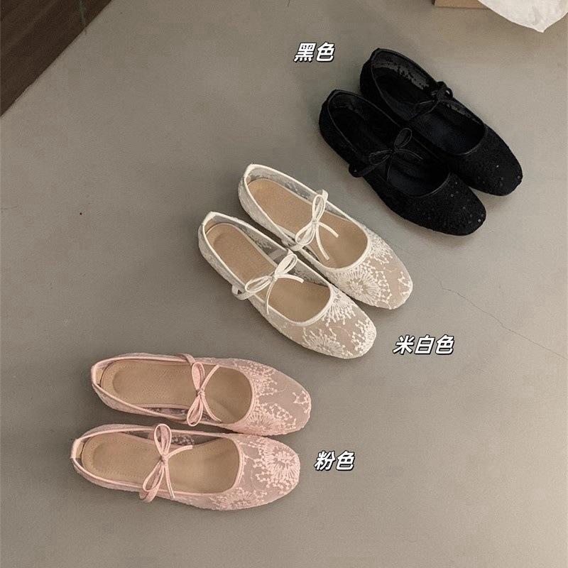 2025 Spring New Flat-bottomed French Pink Lace Mesh Breathable Mary Jane Single Shoes Women's Evening Shoes