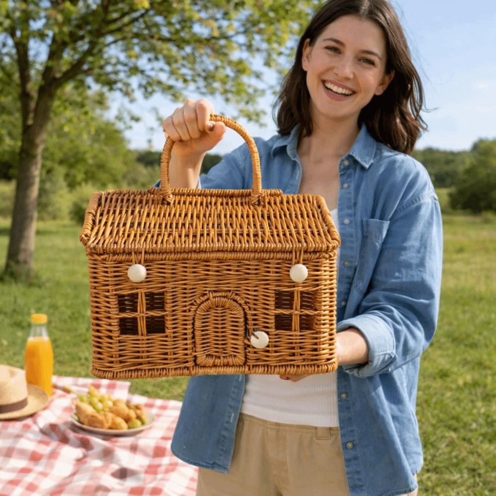With Handle Rattan Picnic Basket House Shaped Clutter Organizer Desktop Organizer  Picnic Supplies