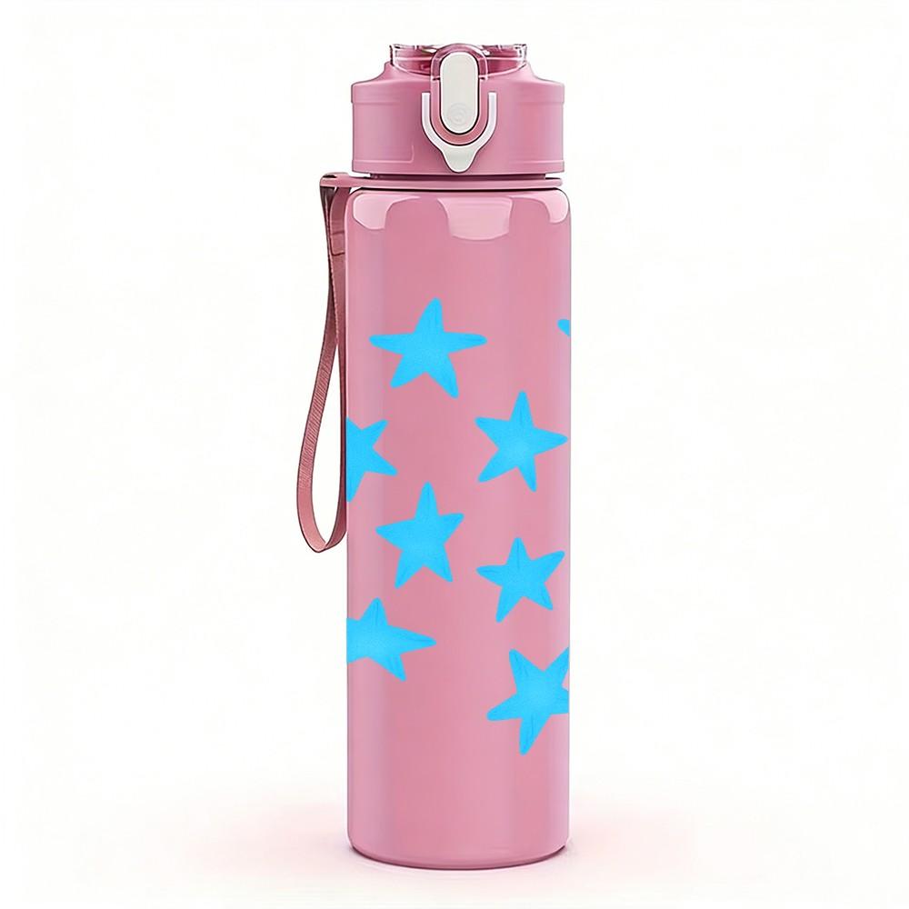 1PC Light Blue Five Point Star Repeat 750ml Color Plastic Sports Water Bottle Leakproof Flip Straw Lid Suitable for Sports Office Home Use