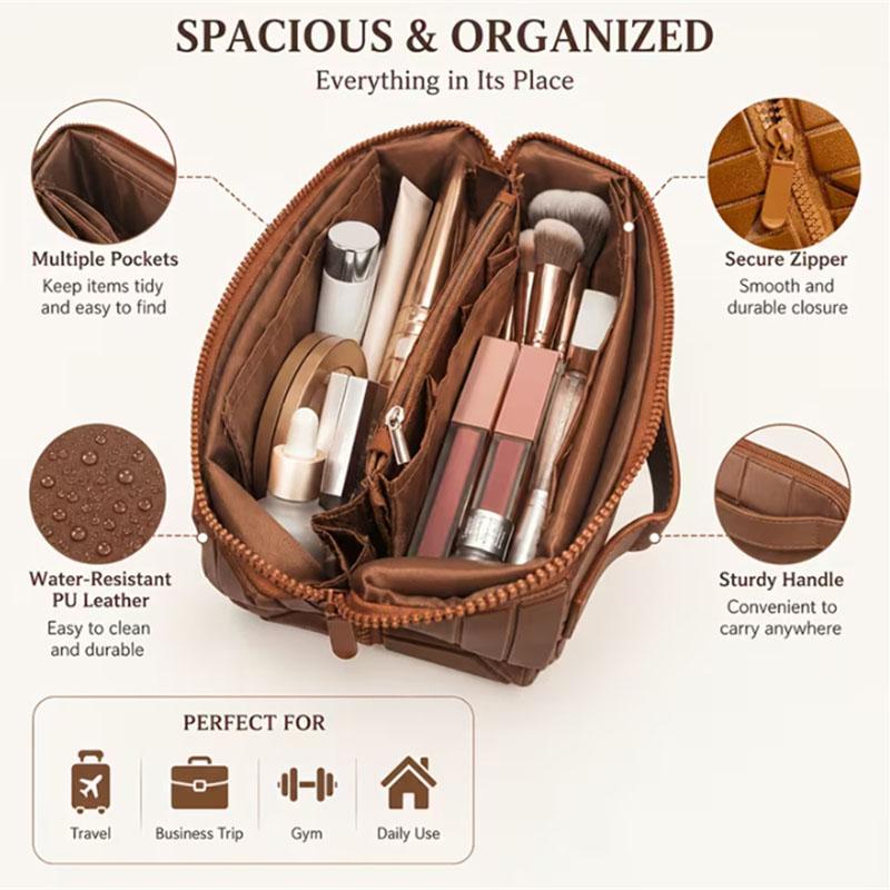Large Capacity Travel Cosmetic Organizer with Multiple Compartments Striped PU Leather Cosmetic Tool Makeup Storage Toiletry Bag